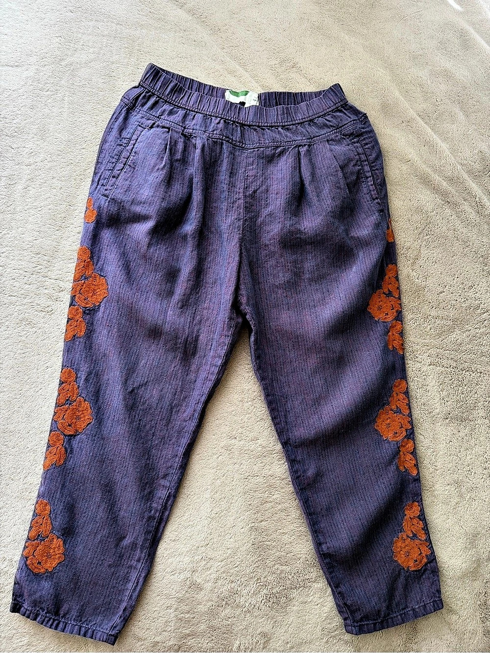 Anthropologie Purple Linen Floral Embroidered Pants S Petite